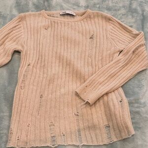 Zara Beige Distressed Knit Sweater